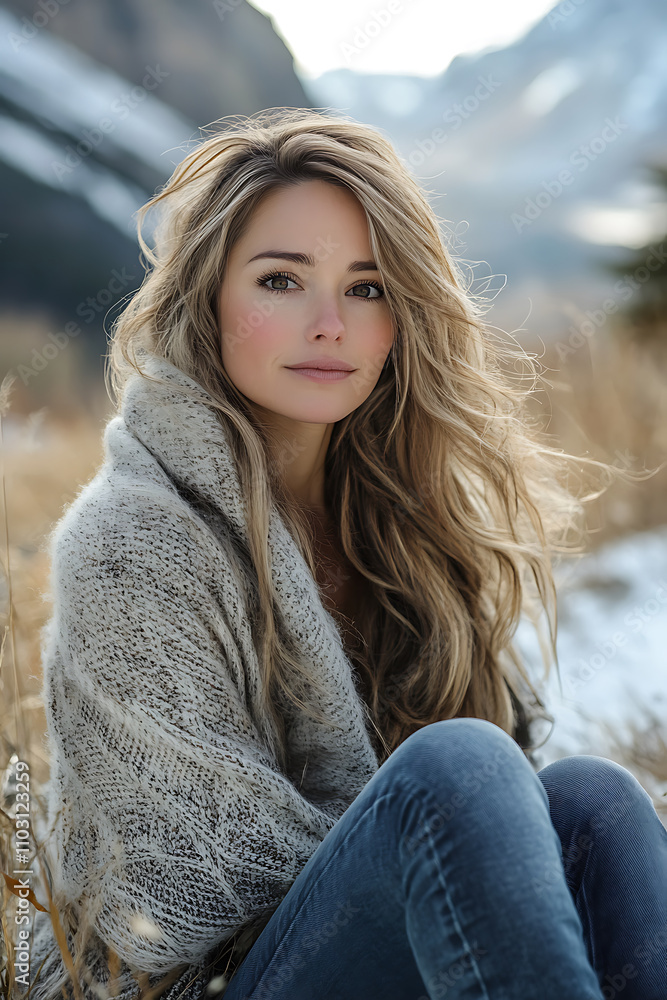 serene portrait of woman with long hair, wrapped in cozy sweater, surrounded by beautiful winter landscape. Her expression reflects calmness and warmth serene portrait of woman with long hair, wrapped in cozy sweater, surrounded by beautiful winter landscape. Her expression reflects calmness and warmth