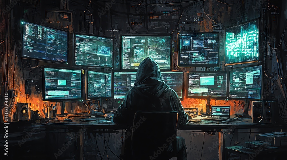 Person with multiple screens in dark room. Person with multiple screens in dark room.