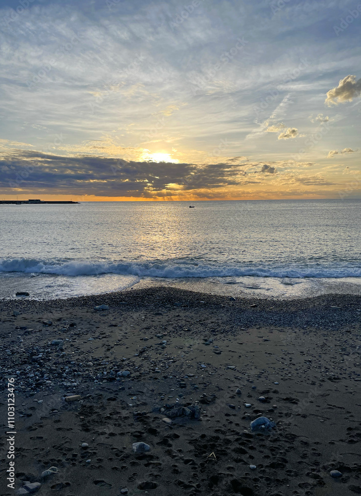 Nature and sunset on sea. Clouds and orange sun. Seascape and horizon line. Dramatic scene. Nature and sunset on sea. Clouds and orange sun. Seascape and horizon line. Dramatic scene.