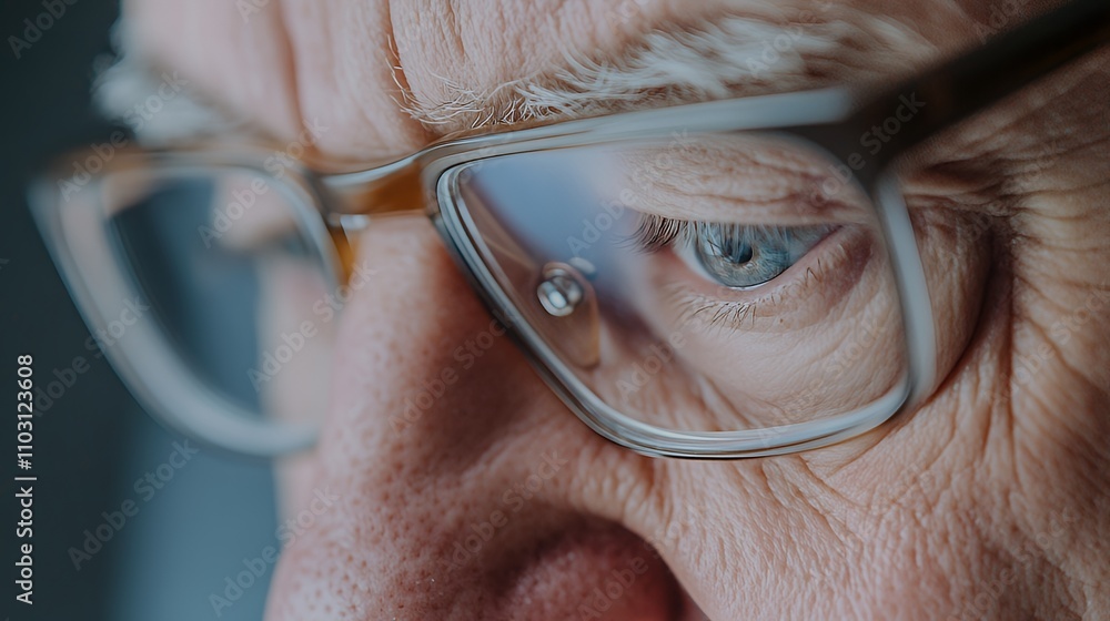 Close-up of an elderly person's eye and glasses, highlighting detail and expression. Close-up of an elderly person's eye and glasses, highlighting detail and expression.