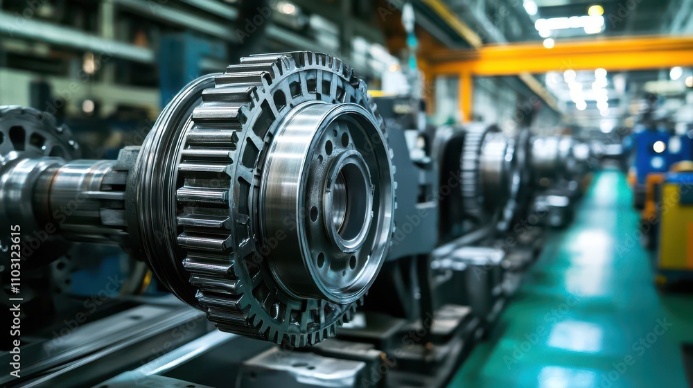 Close-up of metallic components in a modern manufacturing facility showcasing precision engineering and industrial design Close-up of metallic components in a modern manufacturing facility showcasing precision engineering and industrial design