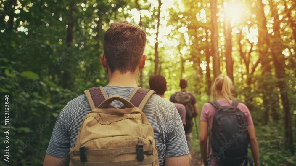 Group hiking adventure in lush forest trails nature exploration outdoor activity Group hiking adventure in lush forest trails nature exploration outdoor activity