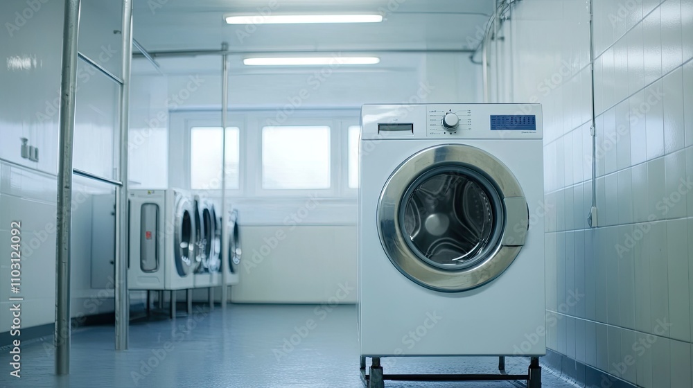 Modern Washing Machine in Bright, Clean Laundry Room Interior Modern Washing Machine in Bright, Clean Laundry Room Interior