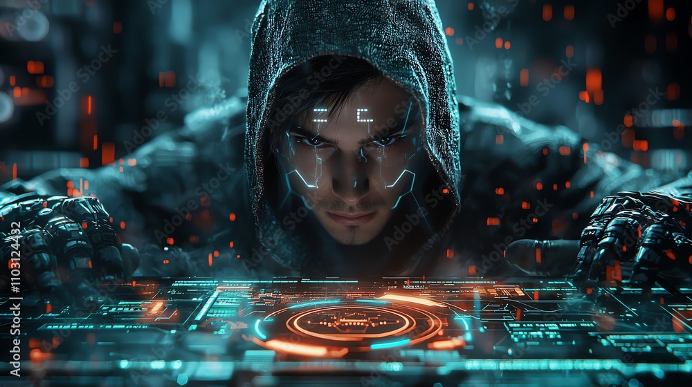 Hacker using futuristic interface technology. Hacker using futuristic interface technology.