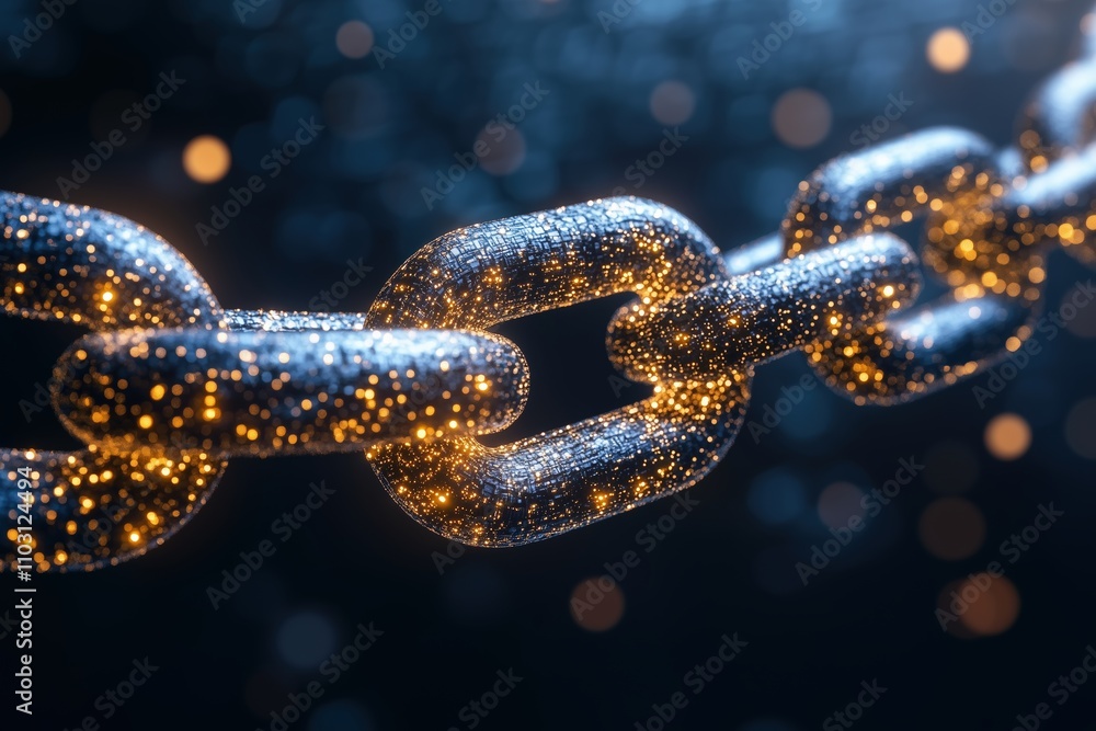 Golden chain links sparkling with a digital texture Golden chain links sparkling with a digital texture
