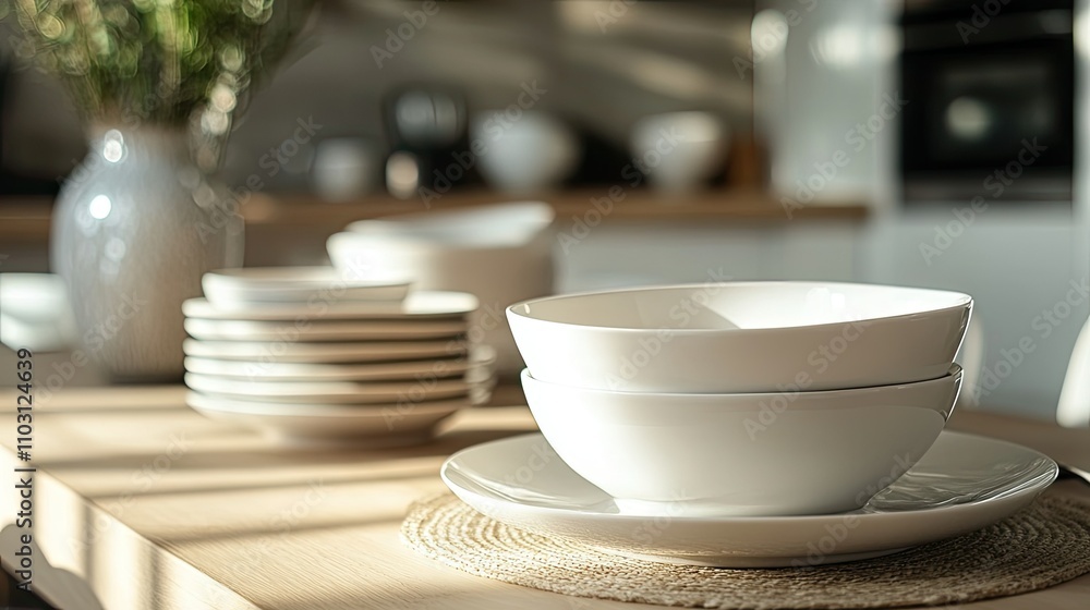 Modern Kitchen Table with Elegant White Dinnerware and Plants Modern Kitchen Table with Elegant White Dinnerware and Plants