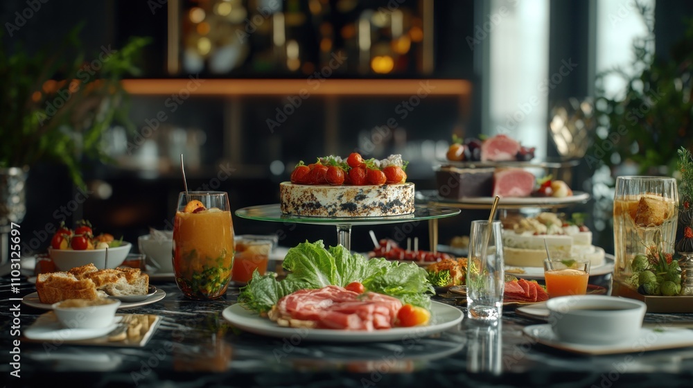 A lavish spread of gourmet dishes and beverages. A lavish spread of gourmet dishes and beverages.