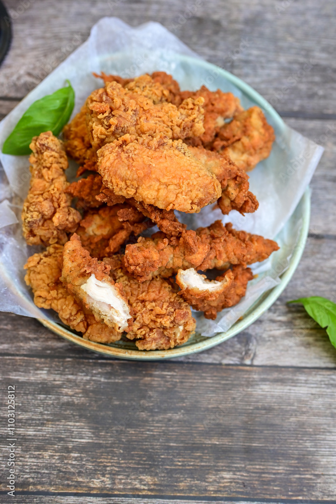 Crispy home made deep fried chicken strips . Breaded with cornflakes chicken breast fillets with chilly peppers and fresh basil on wooden rustic background
Crispy home made deep fried chicken strips . Breaded with cornflakes chicken breast fillets with chilly peppers and fresh basil on wooden rustic background