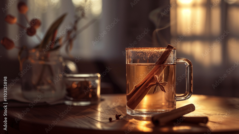 a glass mug with a drink and cinnamon sticks a glass mug with a drink and cinnamon sticks