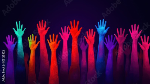 Vibrant hands raised in various colors against a dark background, symbolizing unity, diversity, and expression