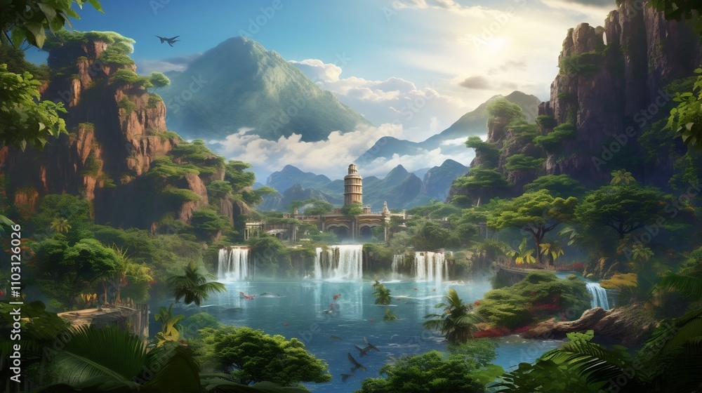 Fototapeta premium Enchanting tropical paradise with cascading waterfalls flowing into the serene azure sea surrounded by the majestic lush verdant mountains A breathtaking