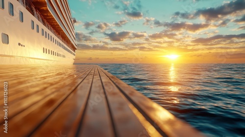 View from a ship's deck stretching over the ocean towards a golden sunset, with vibrant skies reflecting on the water, depicting a sense of voyage and peace. photo