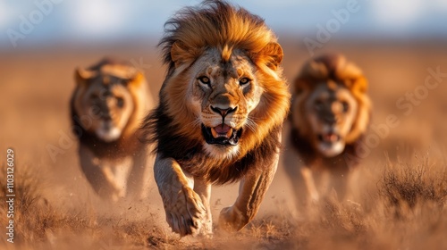 Three lions in action, charging forward across the savanna, displaying a sense of unity, courage, and untamed strength during a vibrant sunset environment. photo