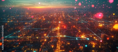 Digital cityscape connected by a network of neon lines, smart city concept 