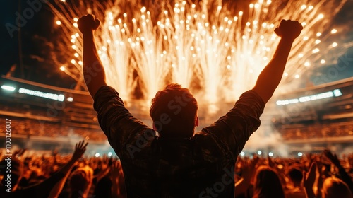 A man stands with arms raised in excitement amidst a cheering crowd as vibrant fireworks light up the night sky, capturing a moment of joyful celebration. photo