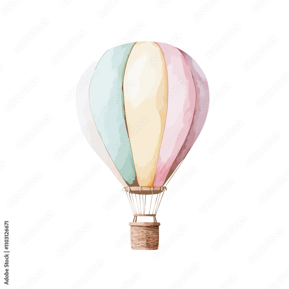Fototapeta premium Pastel Watercolor Hot Air Balloon: A delicate and dreamy watercolor illustration of a hot air balloon in soft pastel colors. This whimsical image evokes a sense of wonder and adventure. 