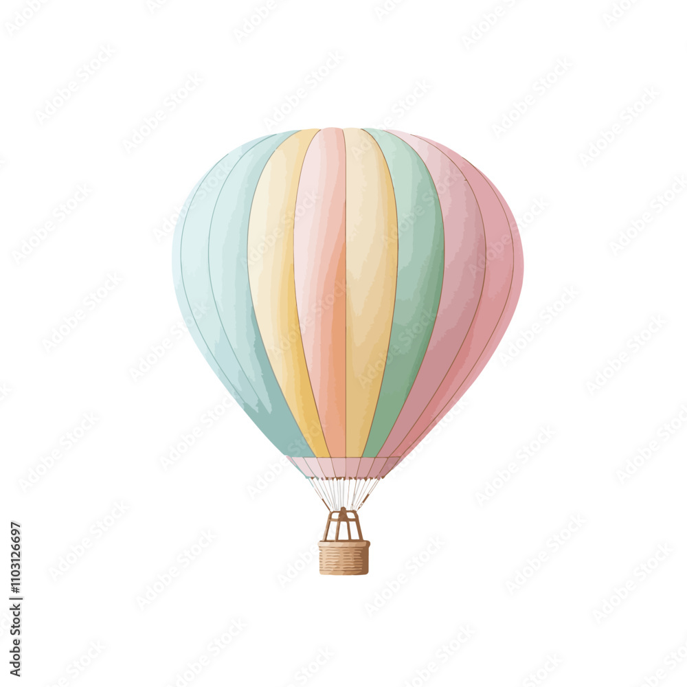 Fototapeta premium Pastel Dreams: A whimsical watercolor illustration of a hot air balloon, painted in soft pastel hues of pink, yellow, and blue, evokes a sense of wonder and gentle adventure. 