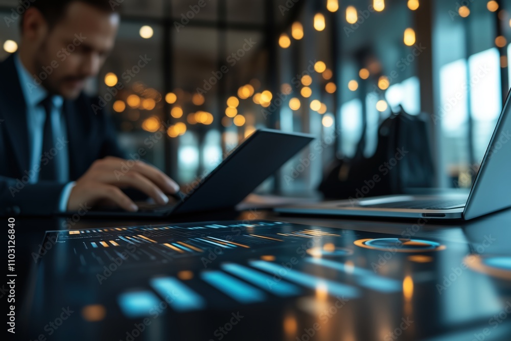 Man working on a laptop with digital data charts overlay in a professional office Man working on a laptop with digital data charts overlay in a professional office