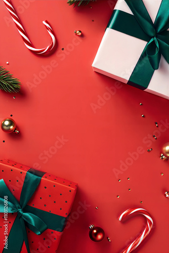 Festive Holiday Gifts and Ornaments on Vibrant Red Background for Christmas Celebrations