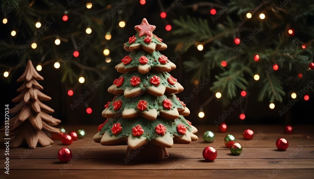 Un árbol de Navidad hecho de galletas en forma de estrella con adornos rojos y verdes, rodeado de ramas de pino Un árbol de Navidad hecho de galletas en forma de estrella con adornos rojos y verdes, rodeado de ramas de pino