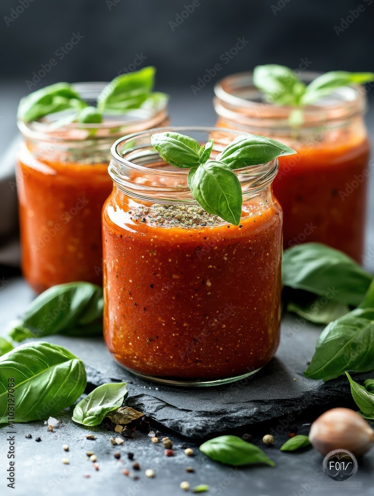 Three jars filled with red sauce and basil leaves Three jars filled with red sauce and basil leaves