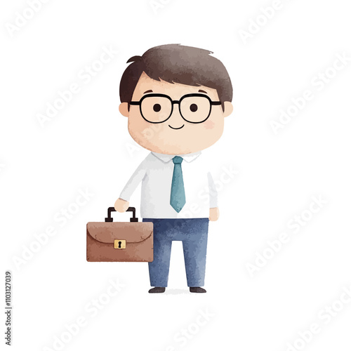 Businessman Illustration: A charming cartoon illustration of a smiling businessman in a formal suit and tie, holding a briefcase. Perfect for creating friendly and approachable branding materials.  