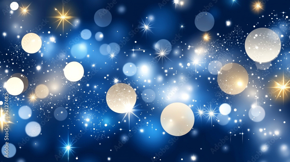 Bright blue background with glowing circles and sparkling stars creates festive atmosphere. Perfect for celebrations and joyful occasions Bright blue background with glowing circles and sparkling stars creates festive atmosphere. Perfect for celebrations and joyful occasions