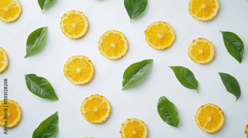 Fresh Citrus Slices with Green Leaves on White Background Fresh Citrus Slices with Green Leaves on White Background