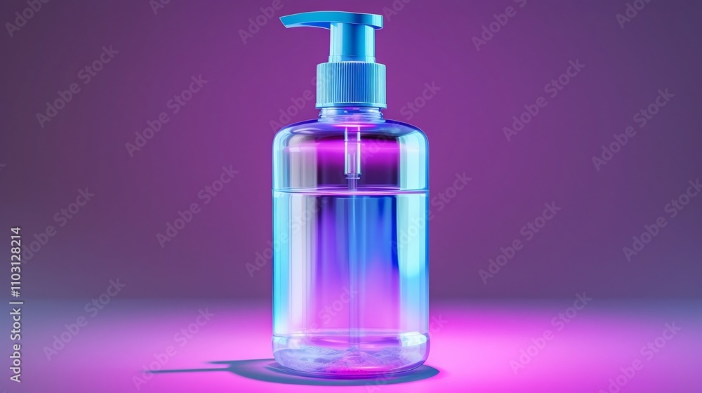 Highly detailed and transparent hand sanitizer bottle with a visible liquid gradient shown in a professional studio render Highly detailed and transparent hand sanitizer bottle with a visible liquid gradient shown in a professional studio render