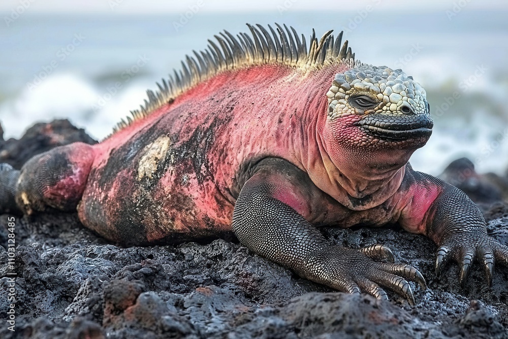Marine Iguana Basking: A marine iguana lying on black volcanic rocks Marine Iguana Basking: A marine iguana lying on black volcanic rocks