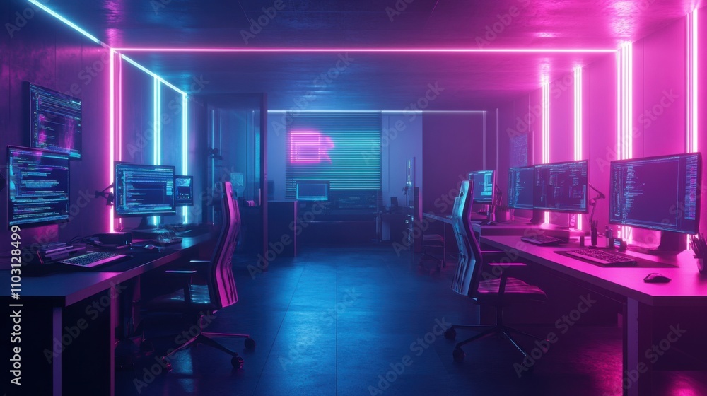 Futuristic Cyber Workspace with Neon Lights and Monitors Futuristic Cyber Workspace with Neon Lights and Monitors