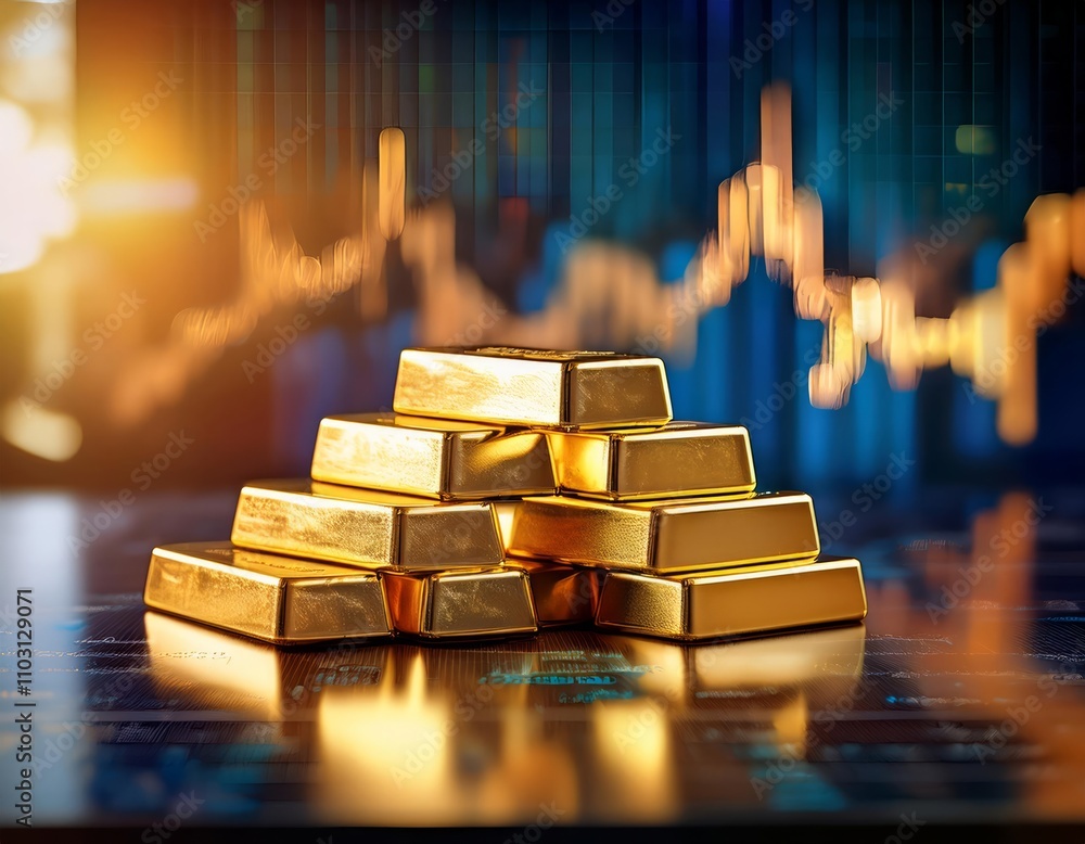 Gold bars in the foreground with a blurred financial chart background Gold bars in the foreground with a blurred financial chart background