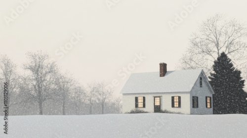 Tranquil winter scene with snow-covered cottage and bare trees