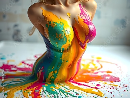 Body painting: busto femminile colorato secondo splash art photo