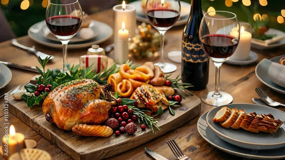 A beautifully arranged dining table with a festive feast, featuring roasted chicken, fresh sides, and elegant wine glasses. A beautifully arranged dining table with a festive feast, featuring roasted chicken, fresh sides, and elegant wine glasses.