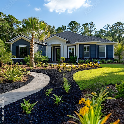 modern low range house in Gainesville, FL, featuring black mulch landscaping, vibrant plants, and welcoming pathway. home is surrounded by lush greenery and palm trees