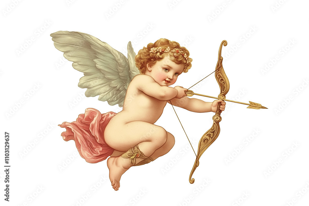 Vintage cupid or cherub shooting an arrow with a bow, love angel, Valentine's day illustration isolated on transparent or white background, png file