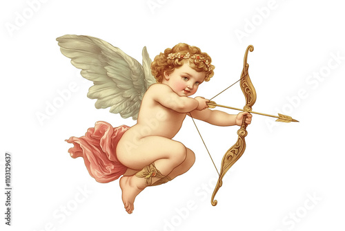 Obraz na płótnie Vintage cupid or cherub shooting an arrow with a bow, love angel, Valentine's day illustration isolated on transparent or white background, png file w salonie