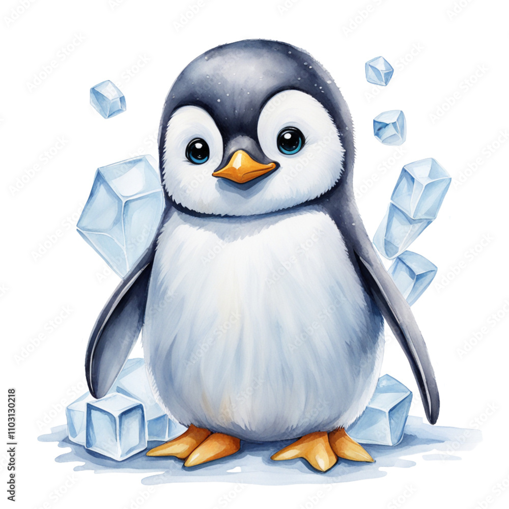 Obraz premium A cute winter cartoon featuring a snowman in a hat holding a broom with penguins celebrating in a snowy holiday scene