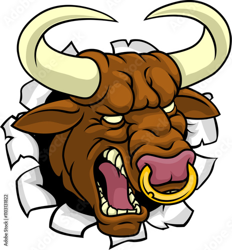 A bull or Minotaur monster longhorn cow angry mean head mascot face cartoon. Tearing through the background. With a ring through their nose. photo