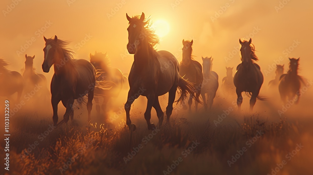 A herd of horses gallops through a misty landscape at sunset, capturing freedom and beauty. A herd of horses gallops through a misty landscape at sunset, capturing freedom and beauty.