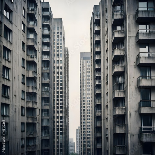 Rain-Soaked European City with Brutalist Architecture and Moody Gray Skies