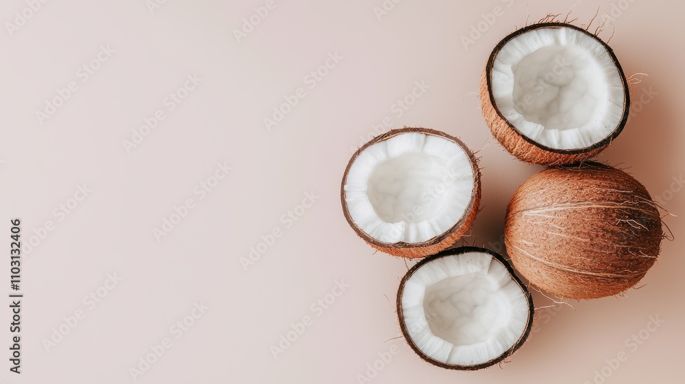 Coconut halves and whole coconut on soft background food photography minimalist style natural light Coconut halves and whole coconut on soft background food photography minimalist style natural light