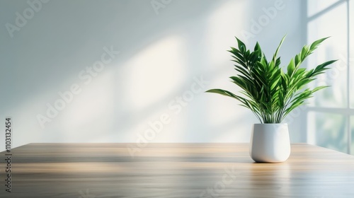 A single potted plant rests on a wooden table bathed in bright light, evoking a sense of tranquility and the simple beauty found in nature and home. photo