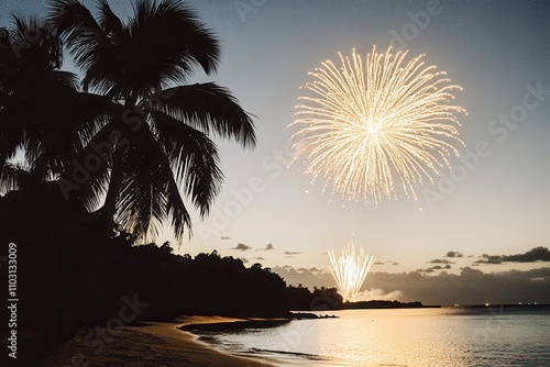 Tropical beach fireworks display at sunset with palm trees and ocean reflection