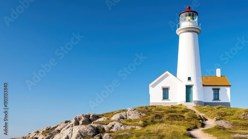 A lighthouselike house on a rocky hill, with a winding path leading up to its front door   lighthouse house, remote hilltop photo