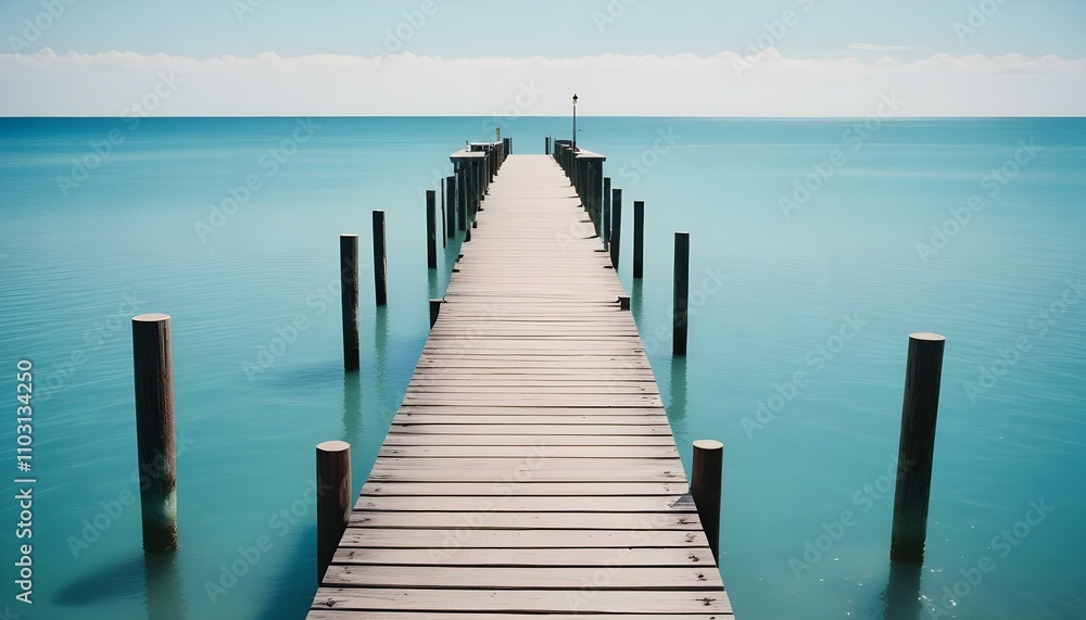 Fototapeta premium Un largo muelle de madera que se extiende hacia un tranquilo océano azul turquesa bajo un cielo azul claro