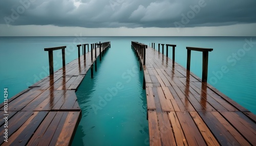 Un largo muelle de madera que se extiende hacia un tranquilo océano azul turquesa bajo un cielo azul claro photo