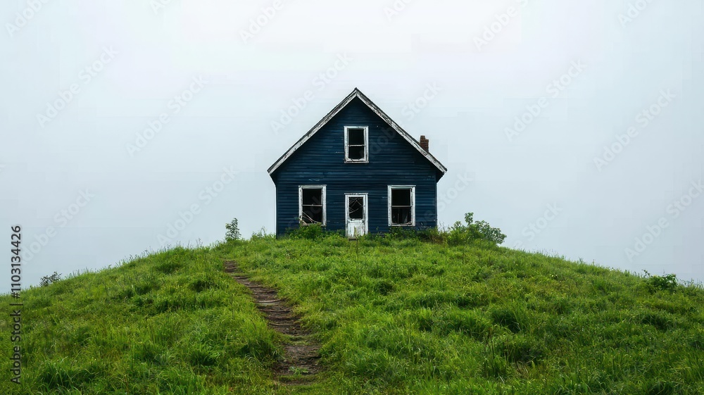 Fototapeta premium Abandoned cottage on a foggy hill, with overgrown paths and broken windows abandoned cottage, eerie landscape
