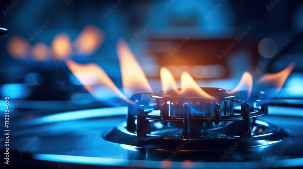 Gas Flame Ignition Kitchen Cooking Equipment Modern Atmosphere Close-up Energy Source Gas Flame Ignition Kitchen Cooking Equipment Modern Atmosphere Close-up Energy Source